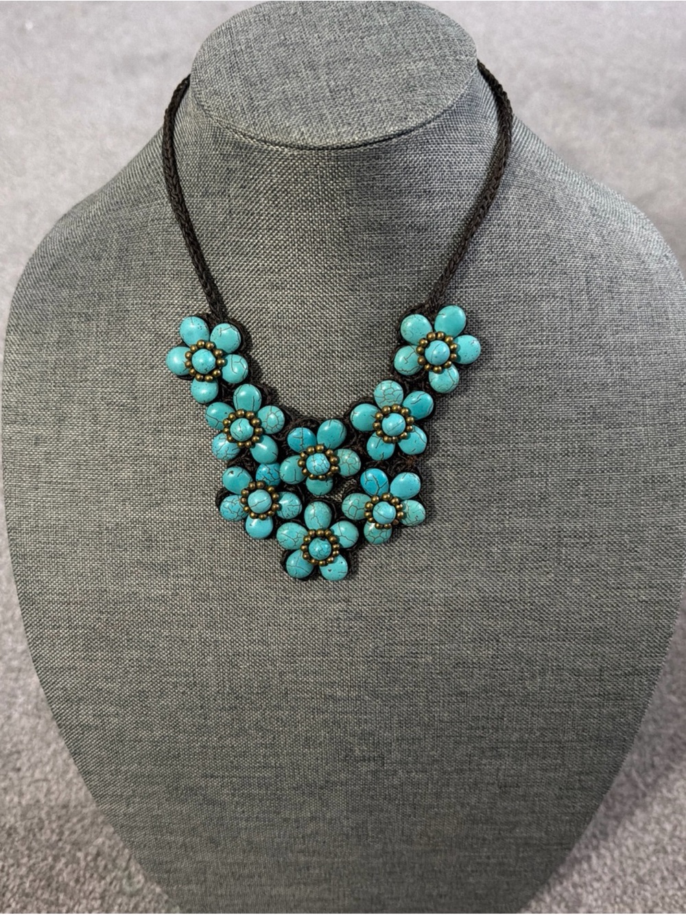 Turquoise Floral Bib Necklace - Braided Cord Flower Pendant